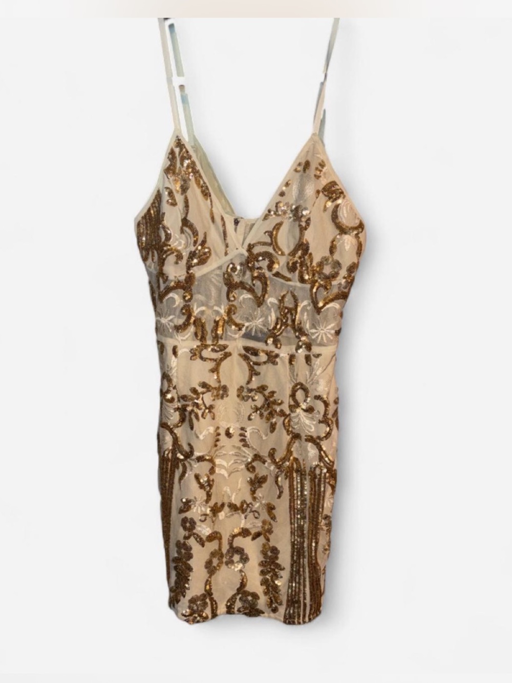 PrettyLittleThing Gold Sequin Embellished Cream Mini Dress